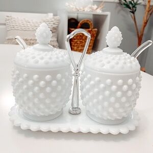 Vintage Fenton Hobnail Milk Glass Condiment/Jam Jar Set
